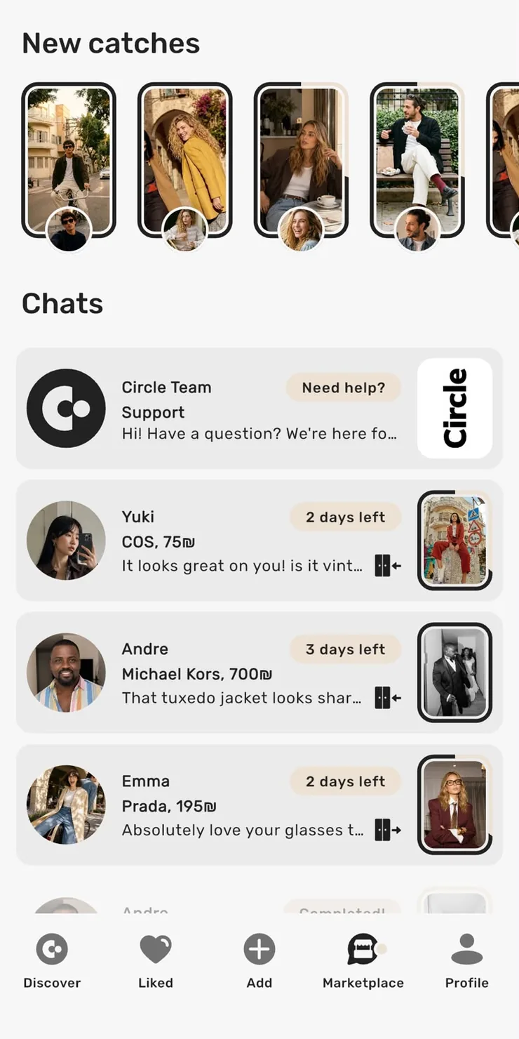 Circle app showing new catches and chats with people nearby