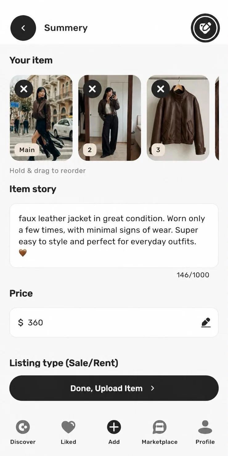 Circle app item summary screen, ready to upload